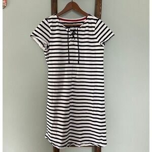 Talbots Striped Knit Dress Lace-Up‎ Neck Short Sleeve Casual White Black M